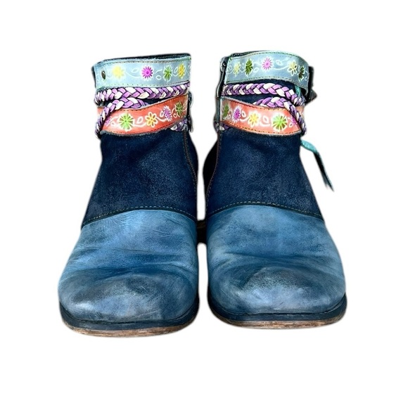 Socofy 42 (9) Blue Leather Suede Distressed Ankle Boots Booties Boho - Picture 4 of 12